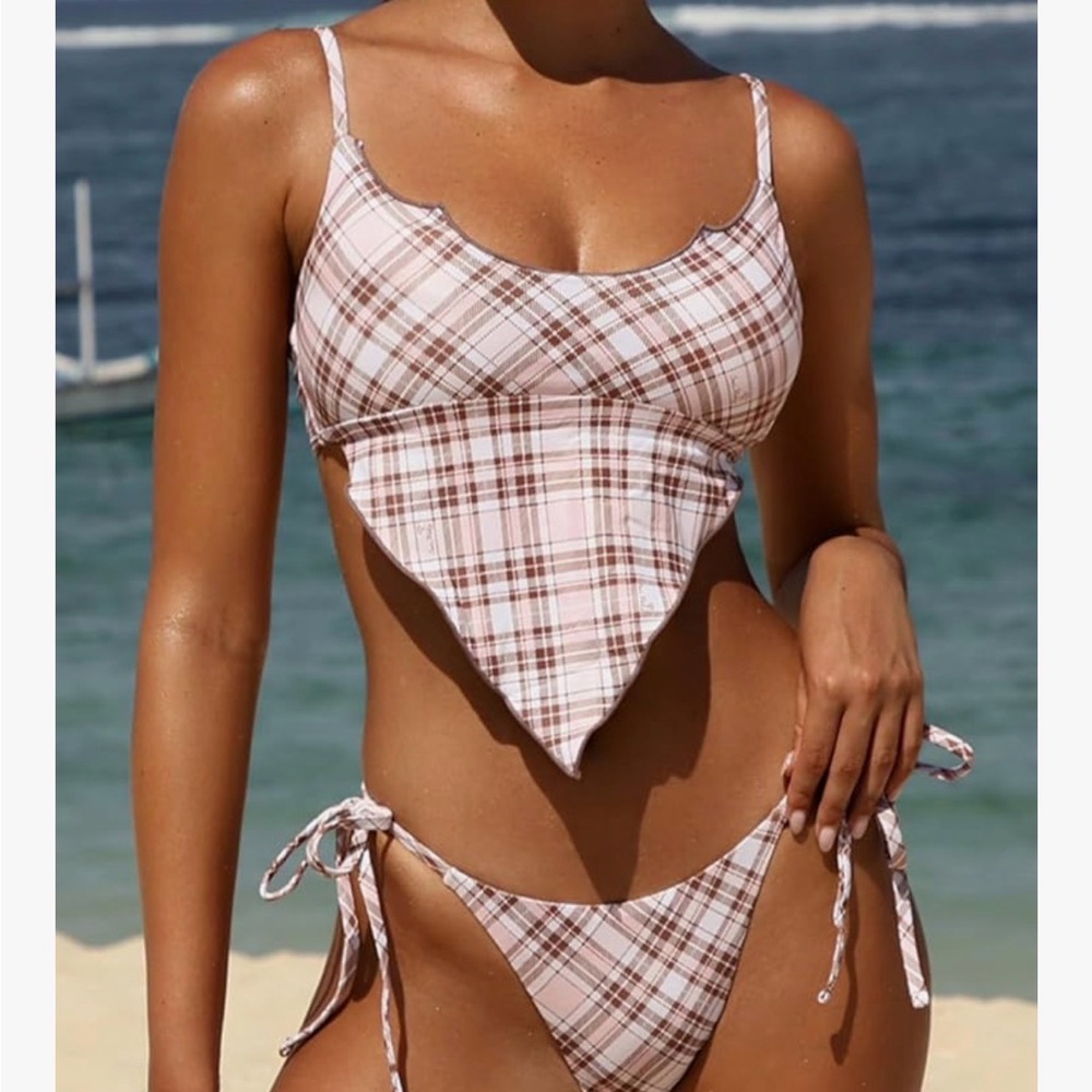 Plaid Bikini Set in Pink and Brown